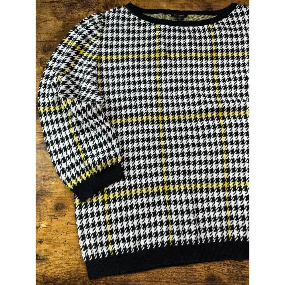 Ann Taylor Factory XL Houndstooth Plaid Sweater Black White Yellow Old Money EUC